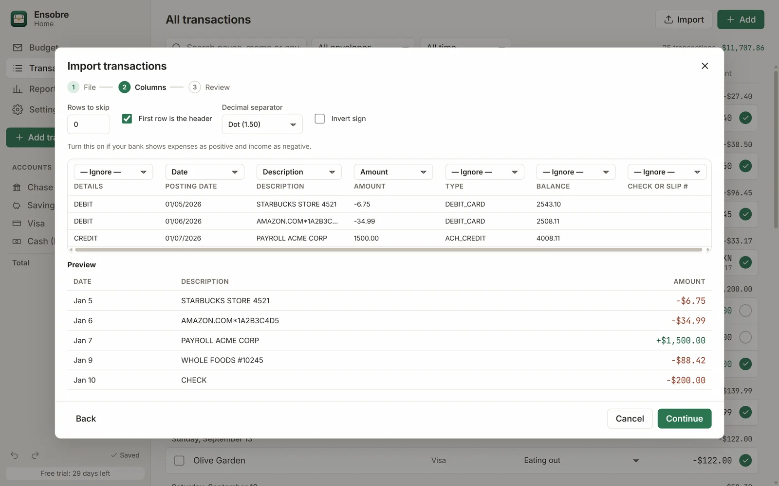 Import wizard mapping the columns of a bank CSV, with a live preview of the transactions.
